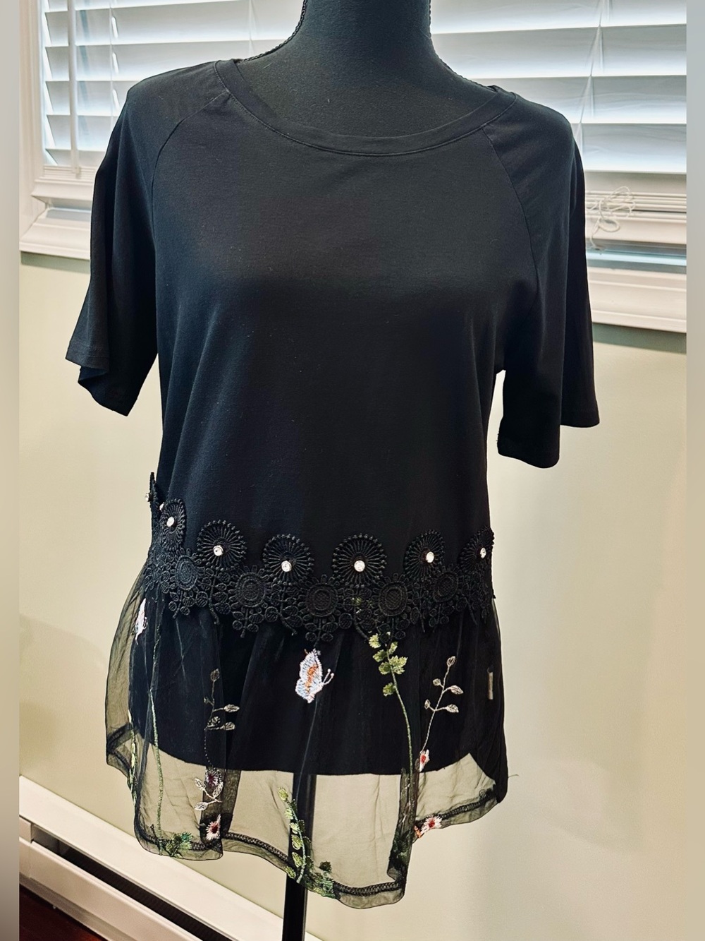 Black Lace Trim Women's Top